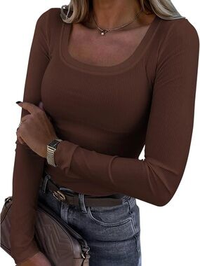 Women’s Ribbed Long Sleeve Square Neck Top - Brown